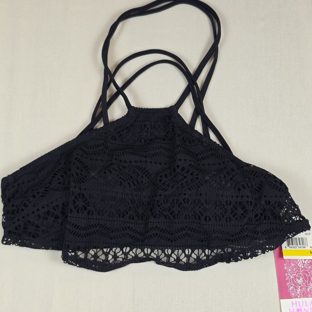 Hula Honey Black Crochet High Neck Bikini Swim Top Women's Size M NWT